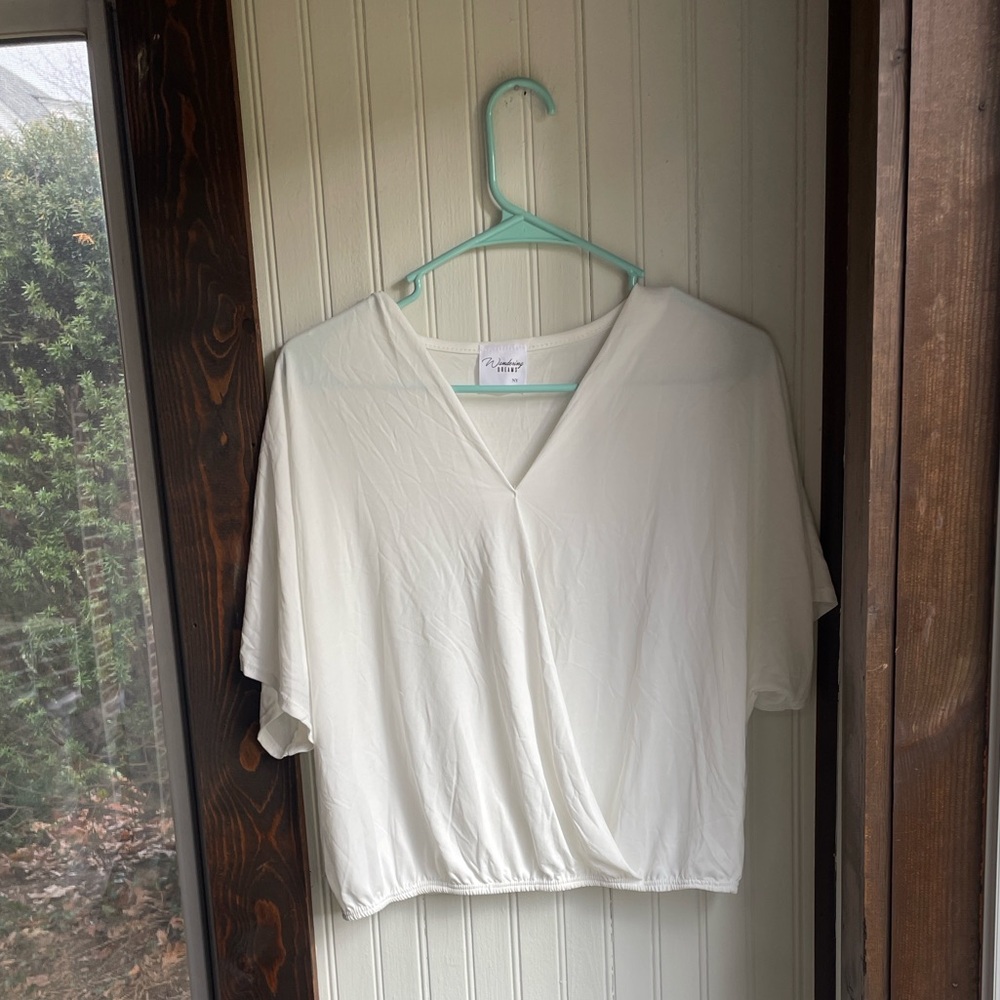 White V-Neck Wondering  Dreams Women's Top elastic at bottom